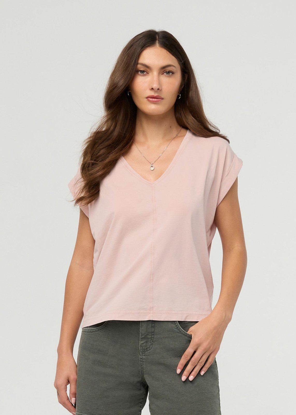 Women's Washed Soft Rose Pima Cotton Dolman V-Neck Front