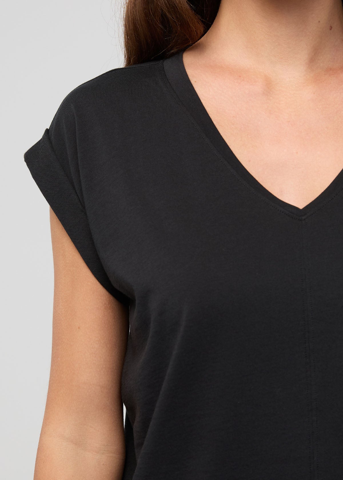 Women's Black Pima Cotton Dolman V-Neck Front Detail