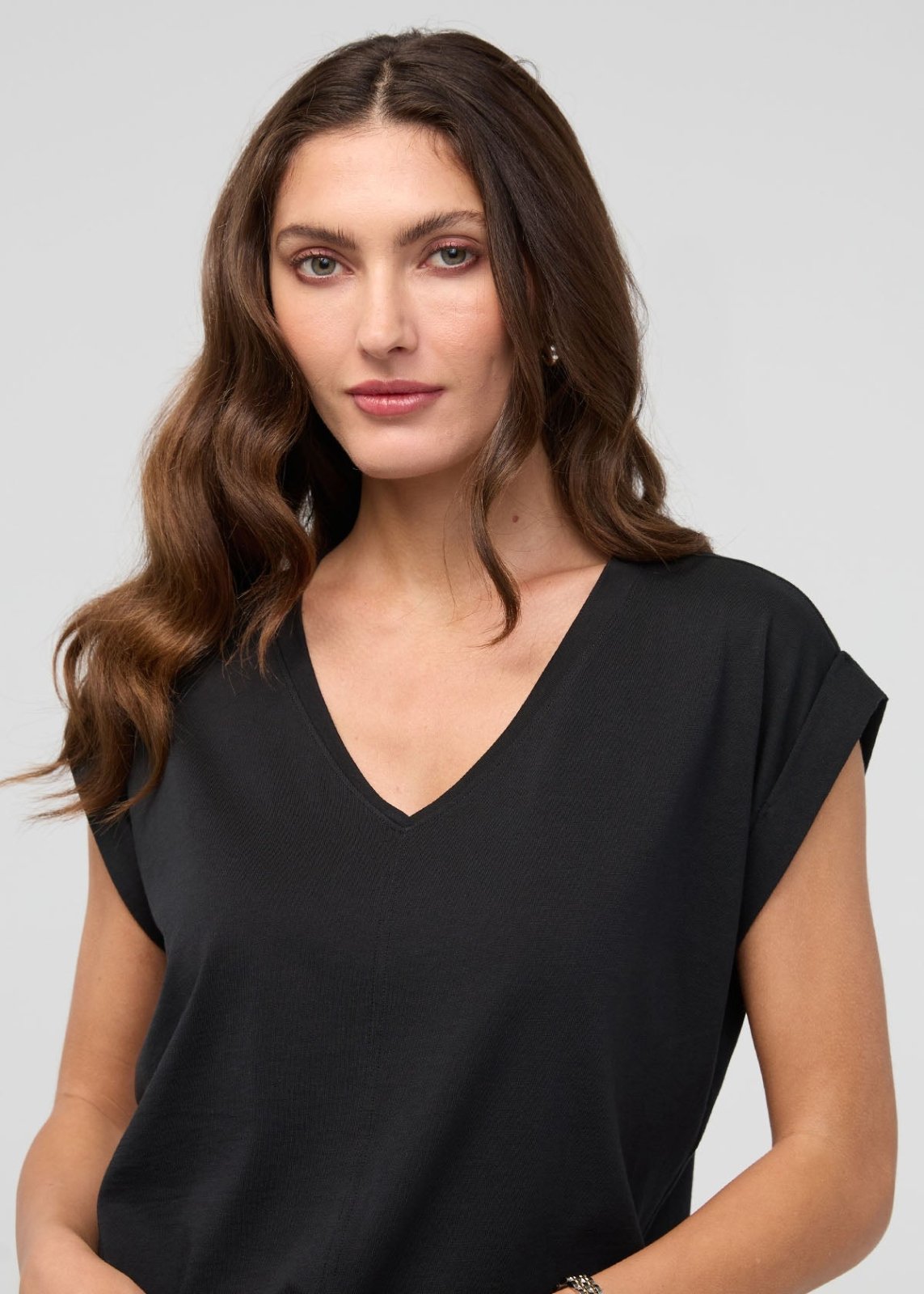 Women's Black Pima Cotton Dolman V-Neck Waist Up