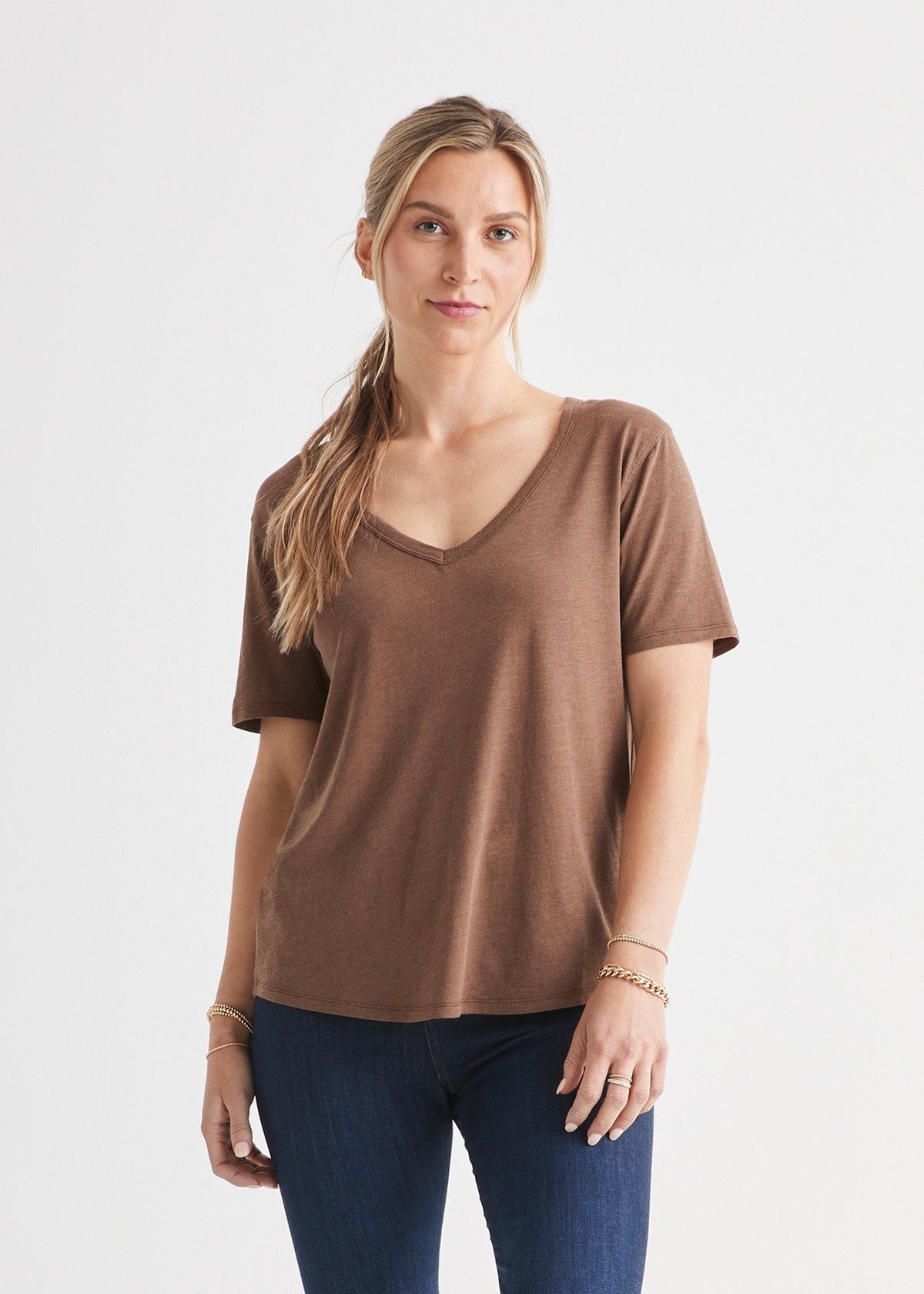 womens soft lightweight brown v-neck t-shirt front