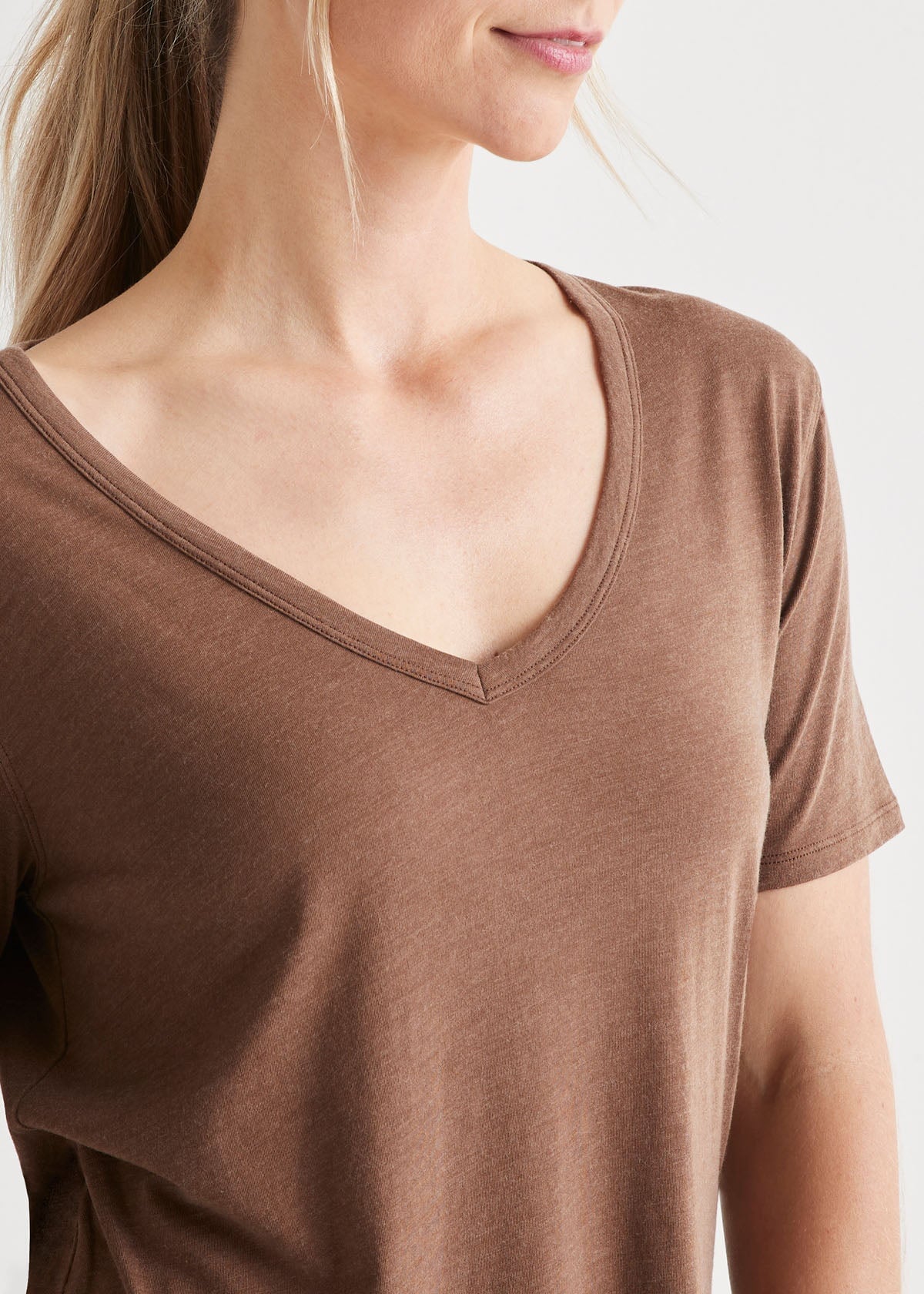 womens soft lightweight brown v-neck t-shirt v-neck close up
