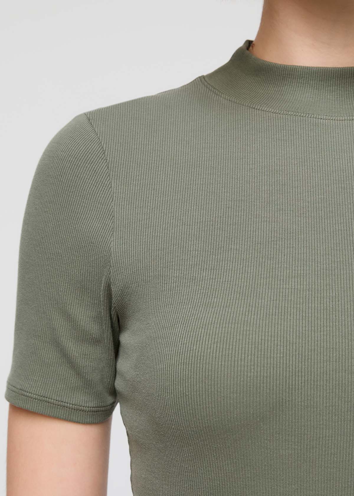 womens green pima cotton mock neck t-shirt front neckline