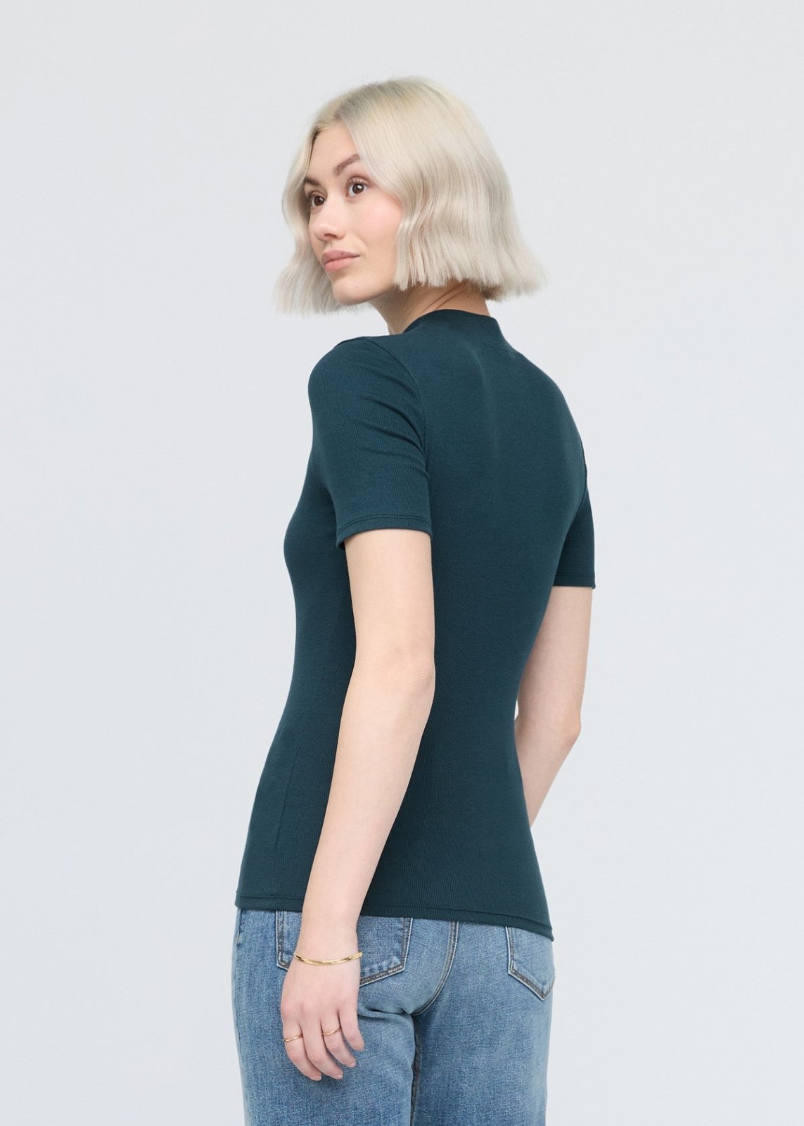 womens blue pima cotton mock neck tee back