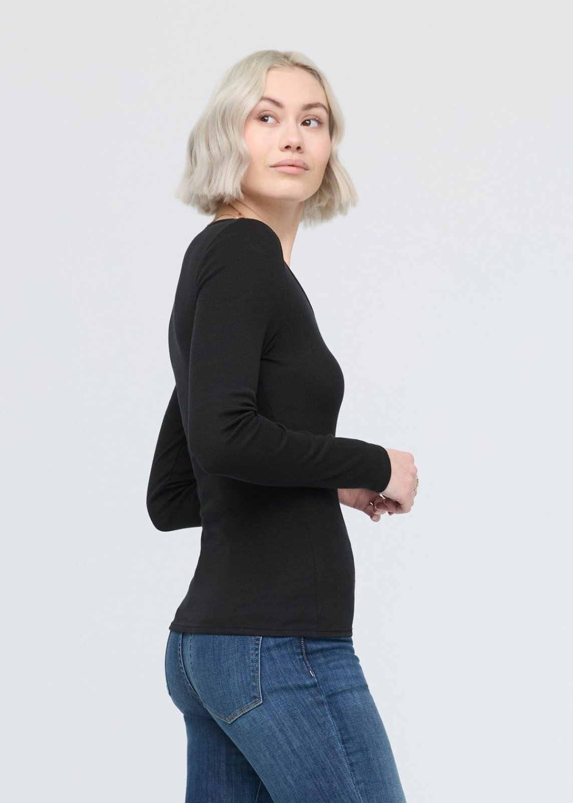 womens black ribbed pima cotton long sleeve side