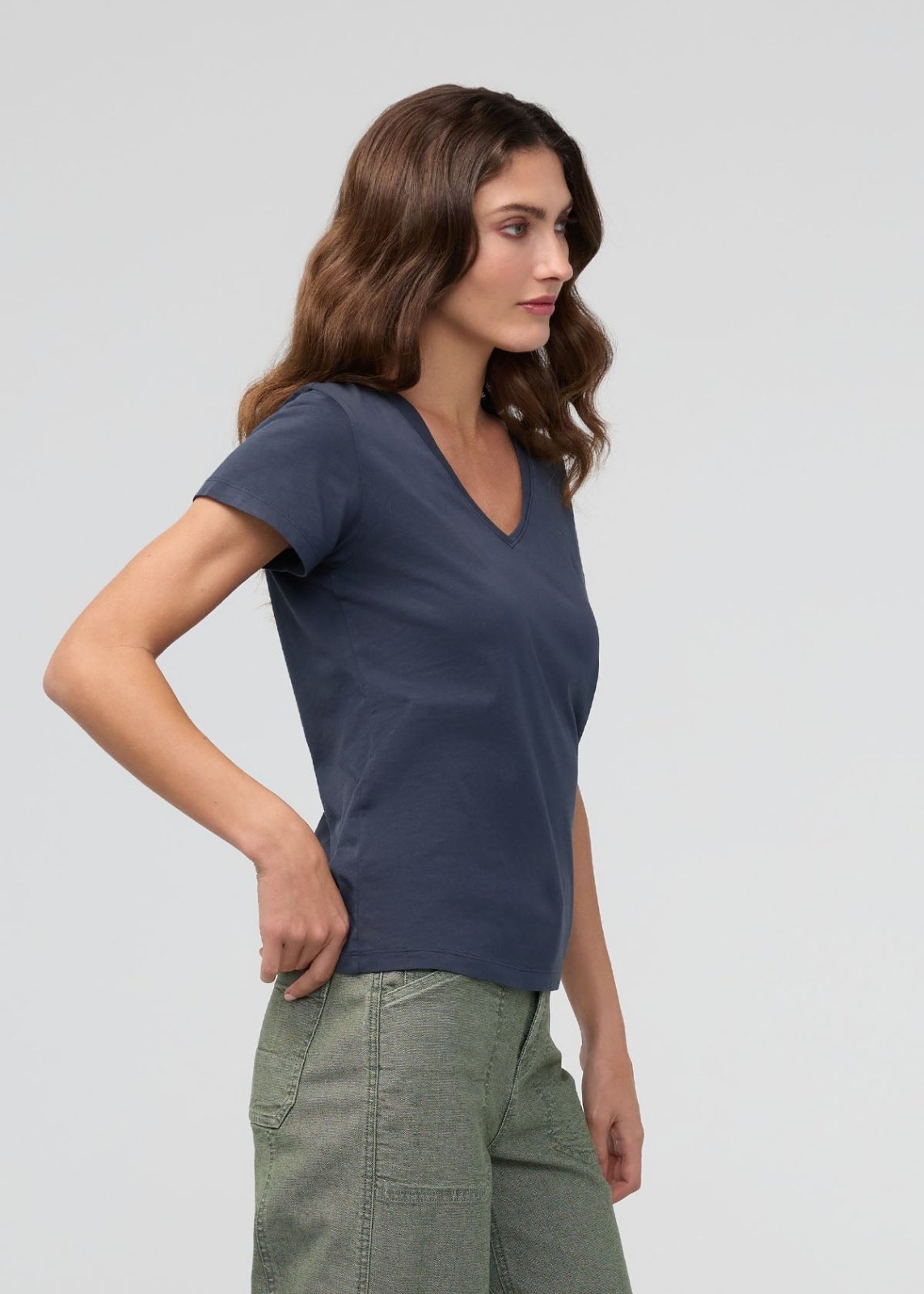 Women's Navy Pima Cotton V-Neck Side