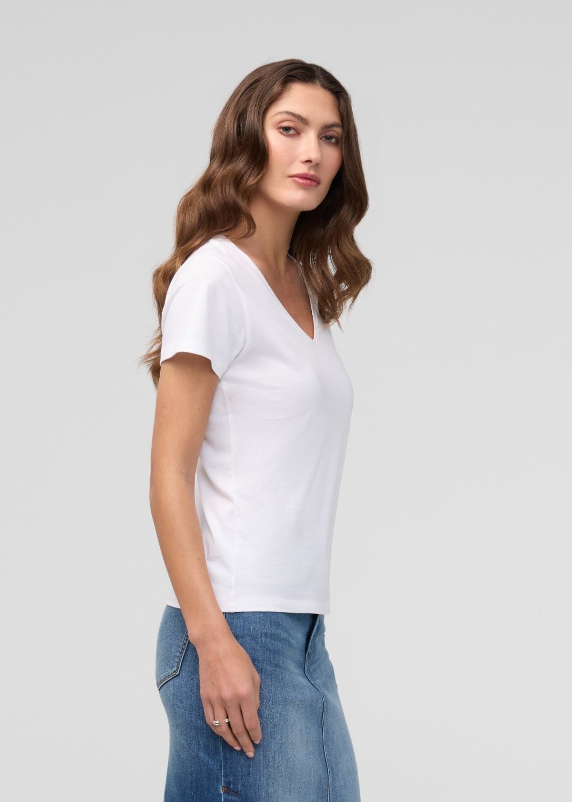 Women's White 100% Pima Cotton V-Neck Side