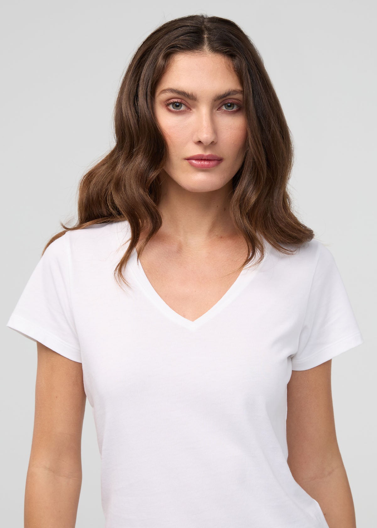 Women's White 100% Pima Cotton V-Neck Front Detail