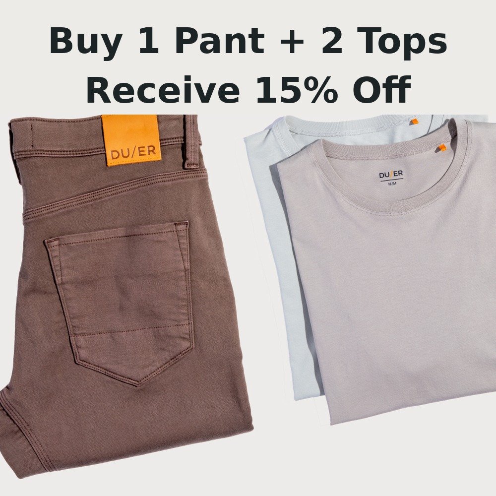 Brown pants with back pocket and two folded t-shirts in white and beige with DU/ER branding.