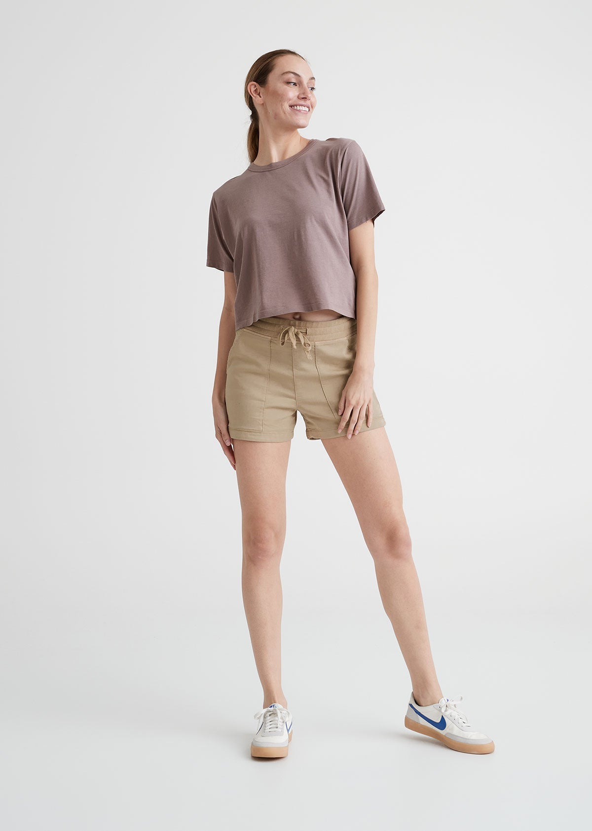 womens khaki stretch sweat short full body