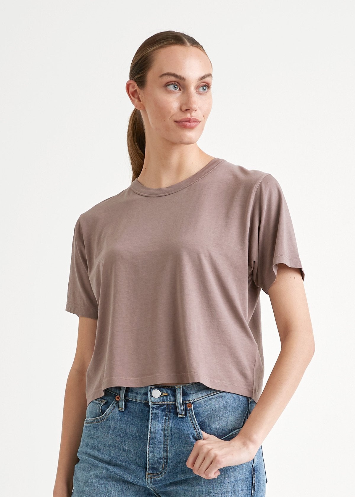 Women's light brown lightweight soft crop tshirt front