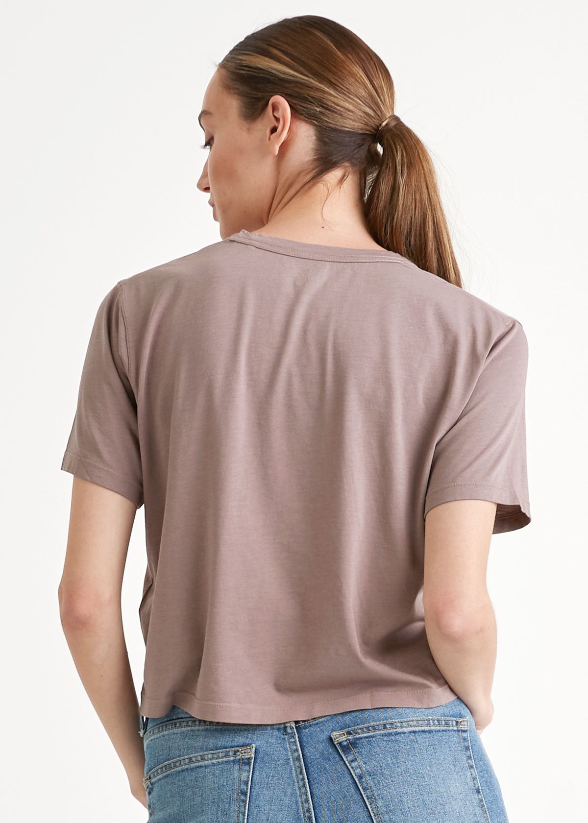 Women's light brown lightweight soft crop tshirt back