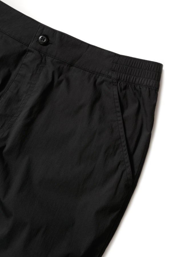 mens black ultra lightweight summer travel pants front waistband flat lay