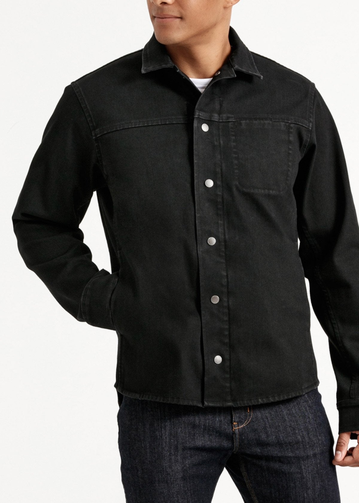 Waterproof black 3-in-1 stretch denim jacket close up buttoned up
