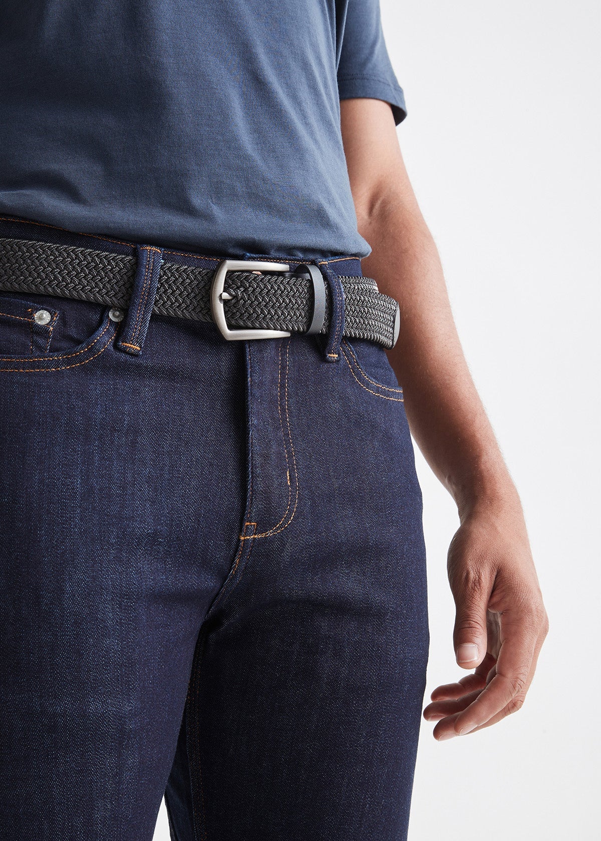 Gray elastic woven belt in regenerated leather