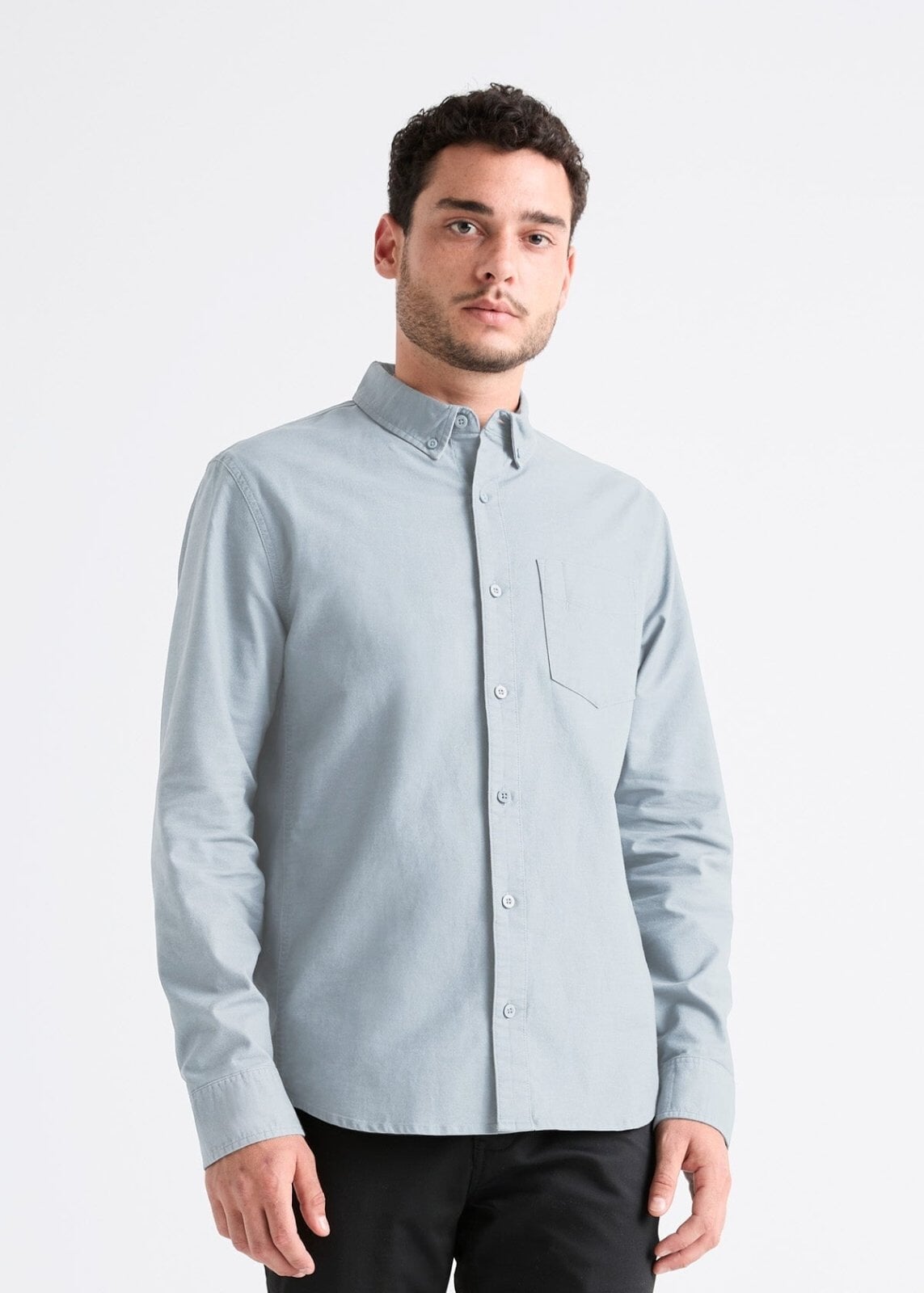 mens light blue stretch button down shirt front