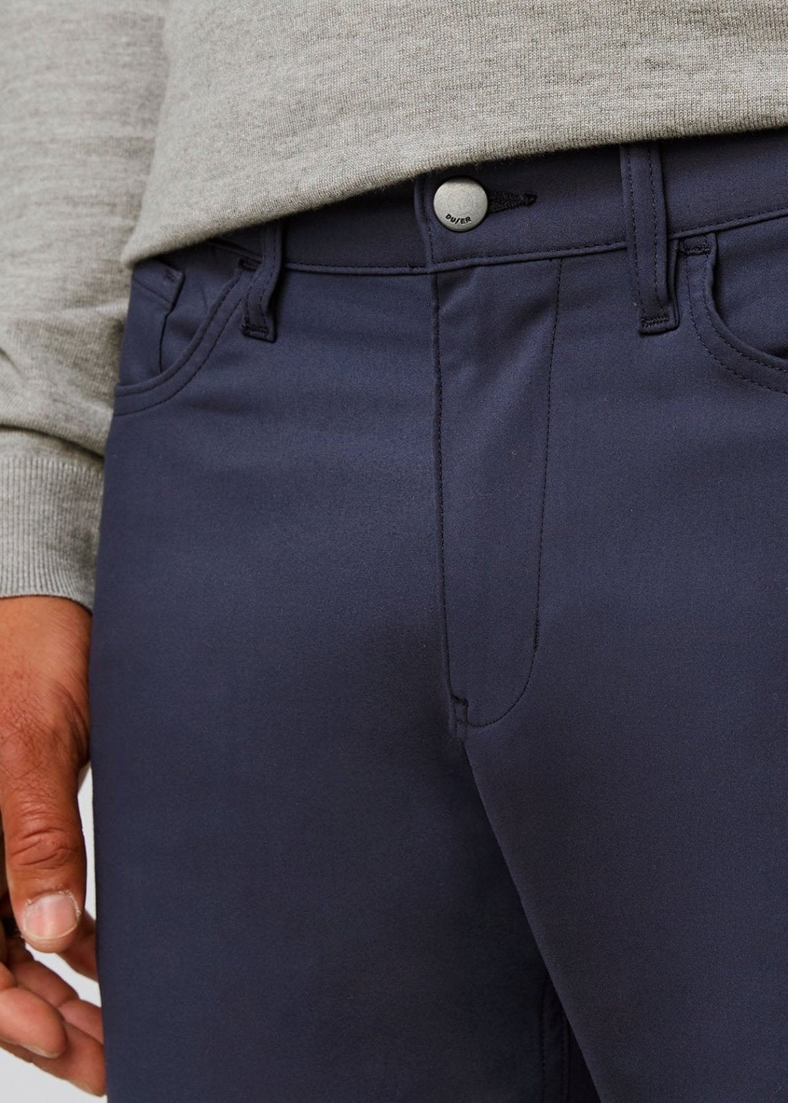 mens navy relaxed fit stretch pant front waistband detail