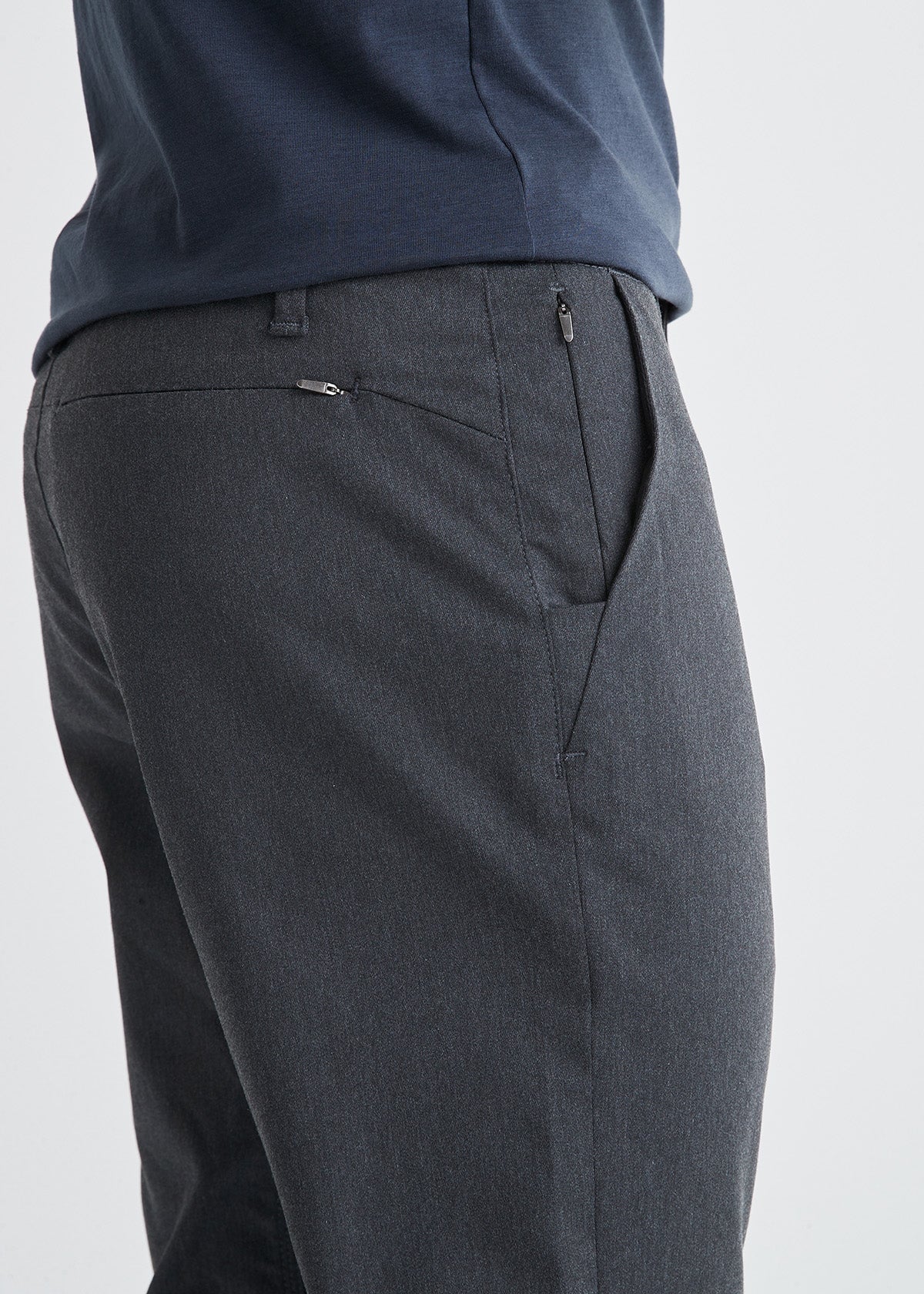 mens charcoal grey straight fit stretch dresspant back zip pocket detail