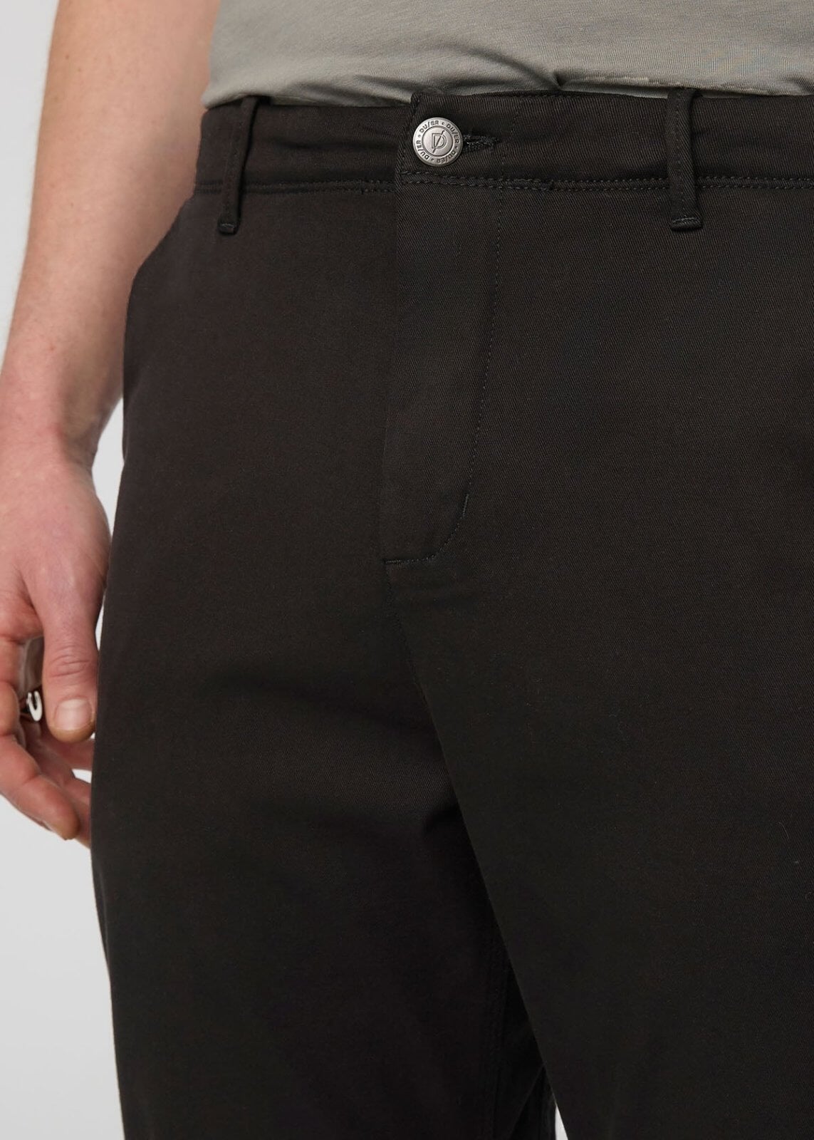 mens stretch black chino pants front waistband detail