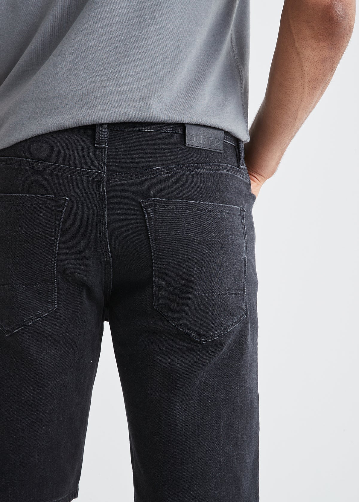 mens black performance denim stretch short back pocket detail