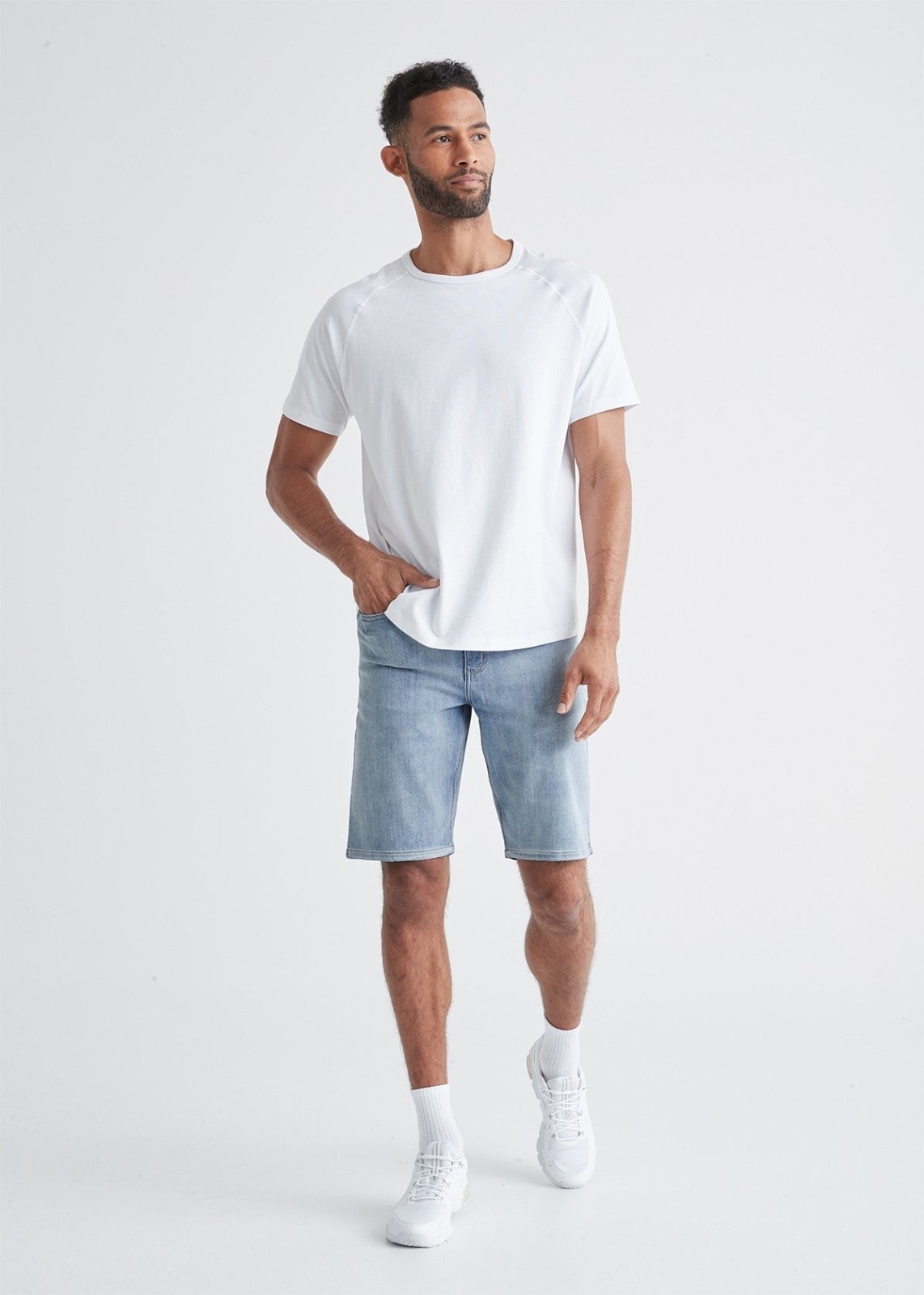 mens light wash stretch performance denim short full body