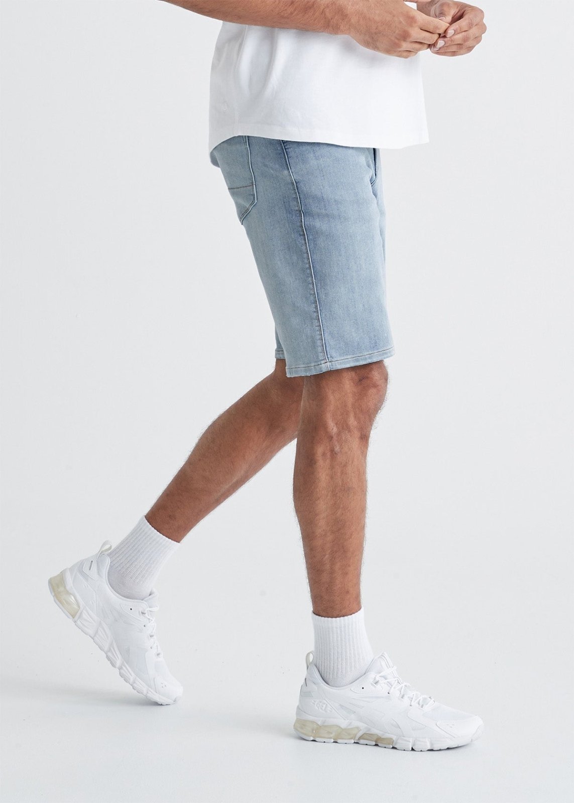 mens light wash stretch performance denim short side