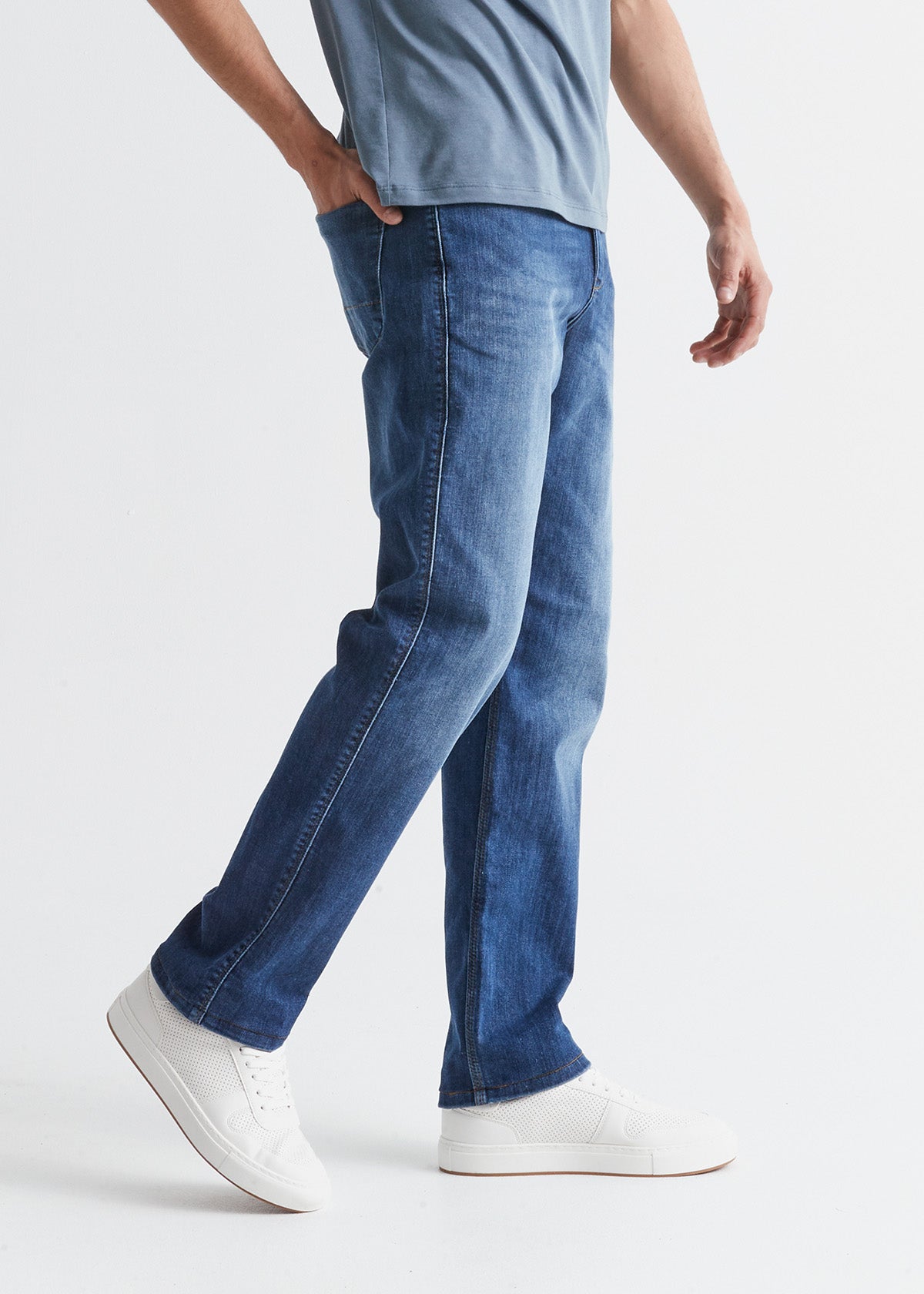 mens blue athletic straight fit stretch jeans side