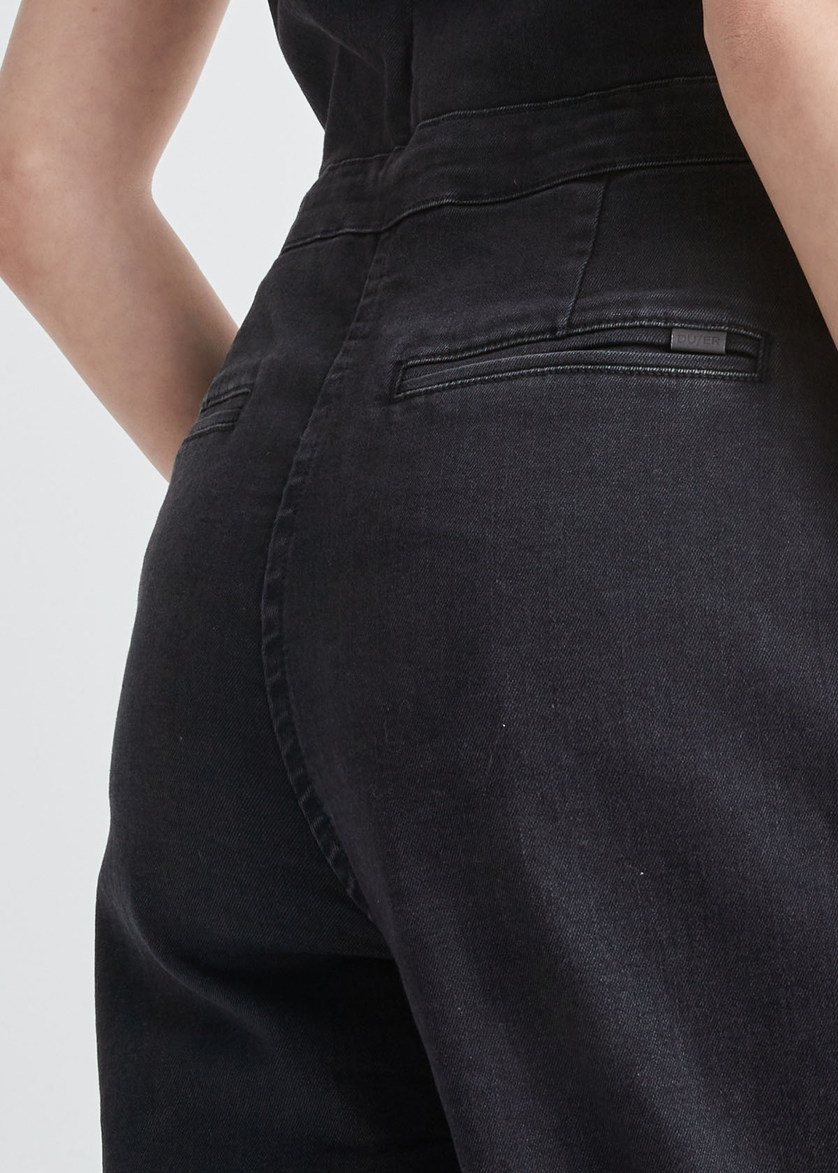Women's Stretch Denim Tailored Black Jumpsuit Back Pocket Detail