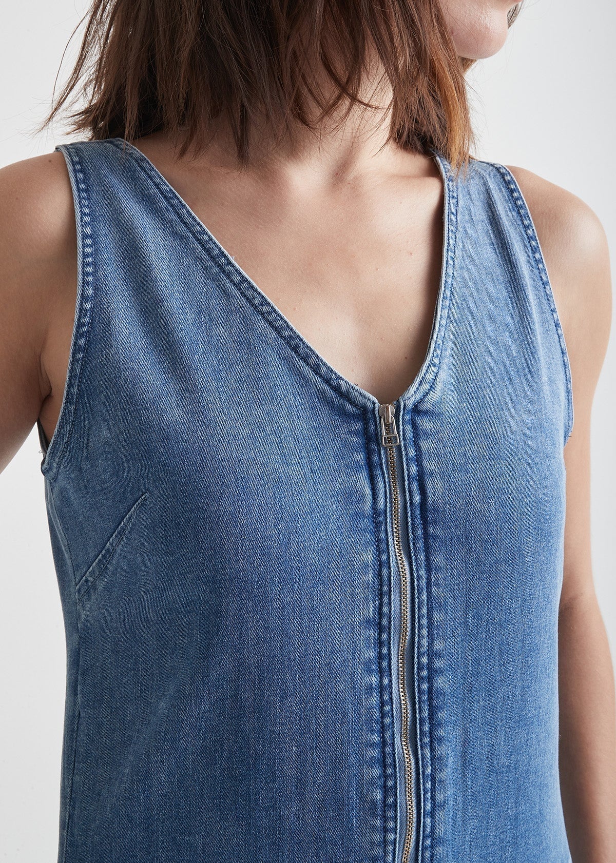 womens light stone stretch denim jumpsuit zipper detail