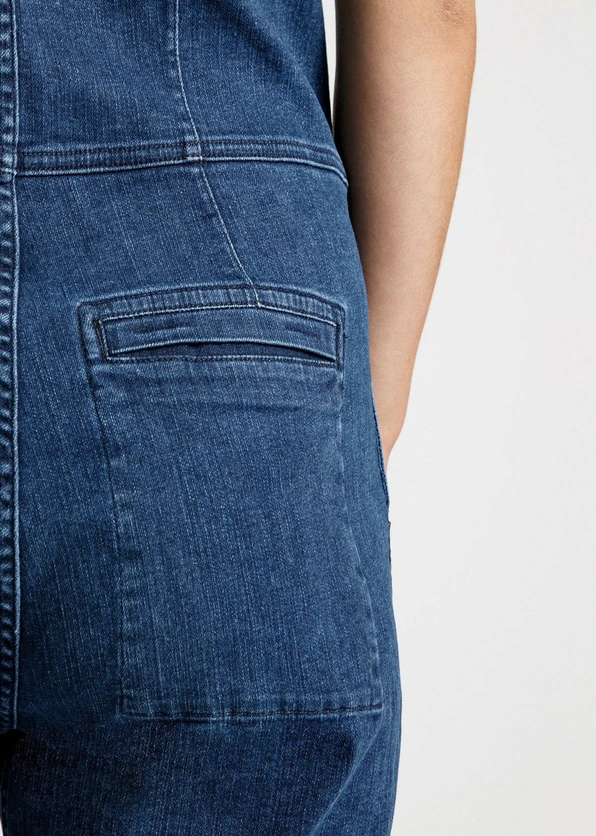 womens medium blue wash stretch denim jumpsuit back pocket detail