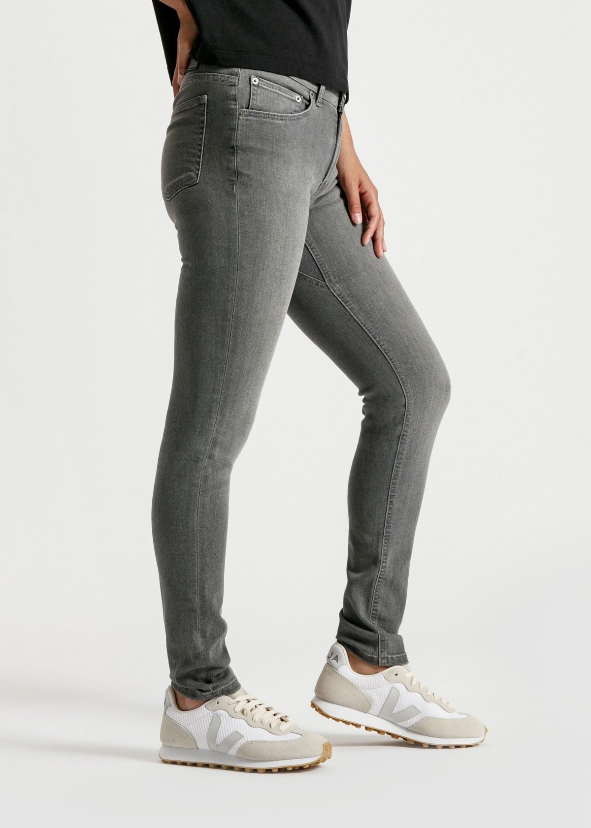 womens grey mid rise skinny fit stretch jeans side