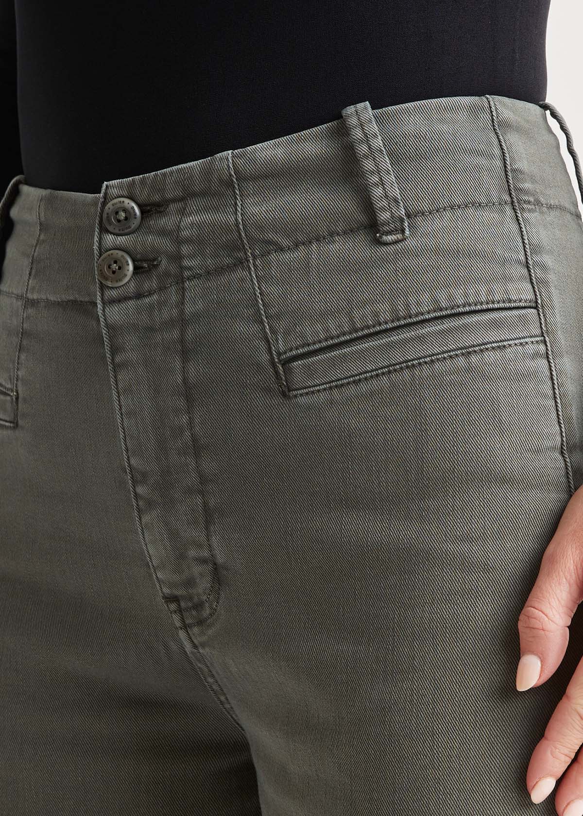 womens green high rise trouser front waistband detail