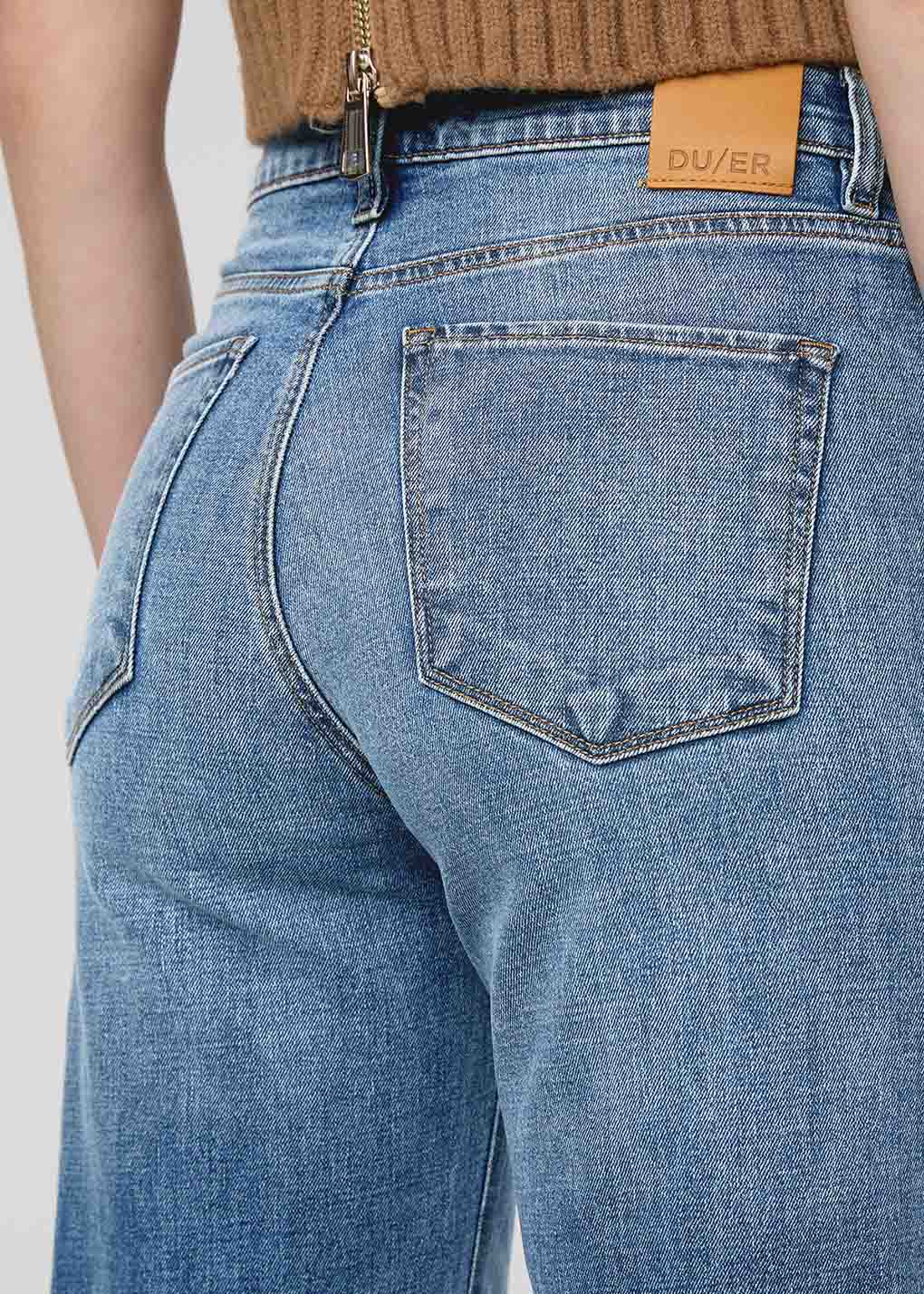womens high rise wide leg blue jeans back pocket and waistband detail
