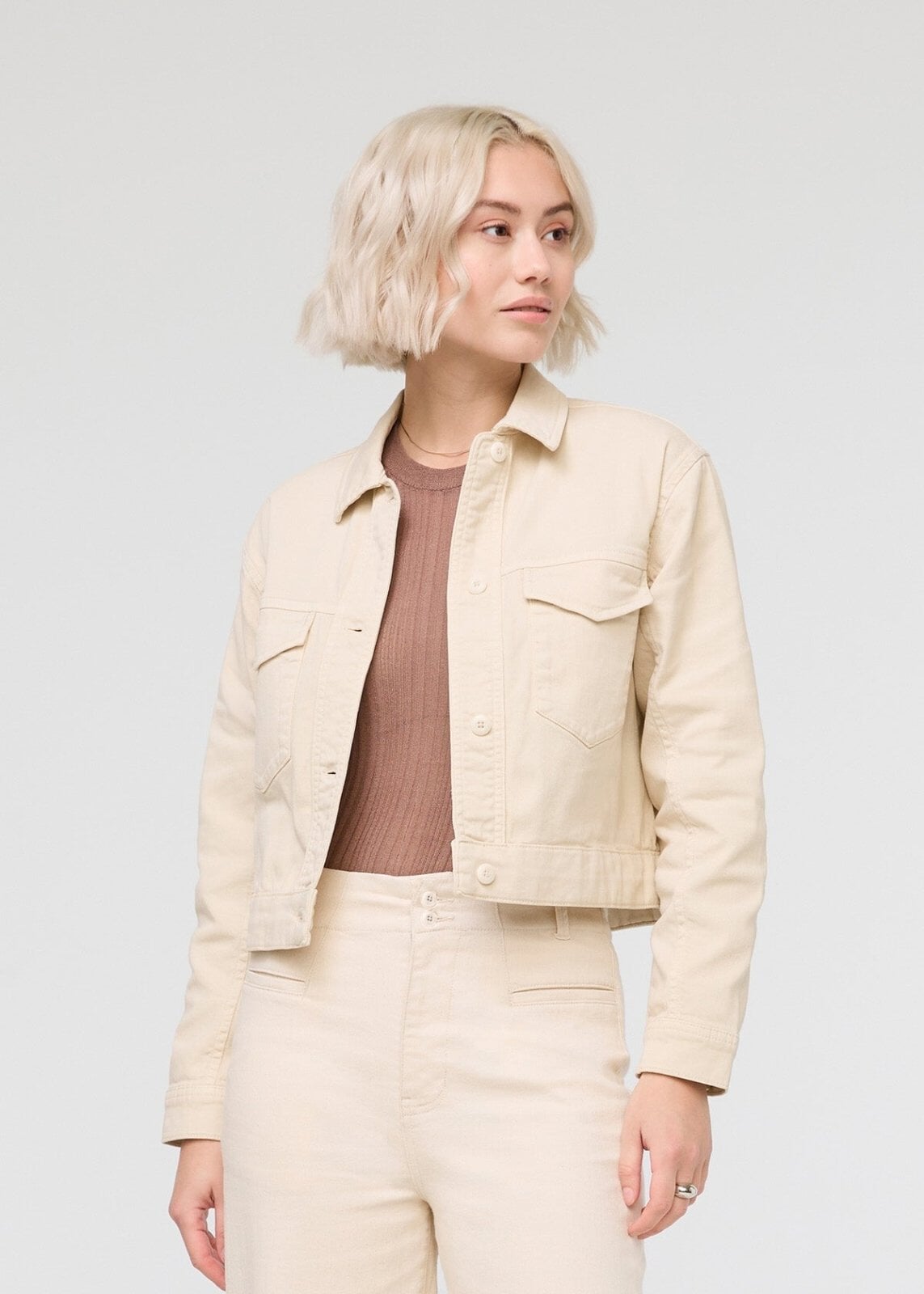 womens off-white cotton trucker jacket front