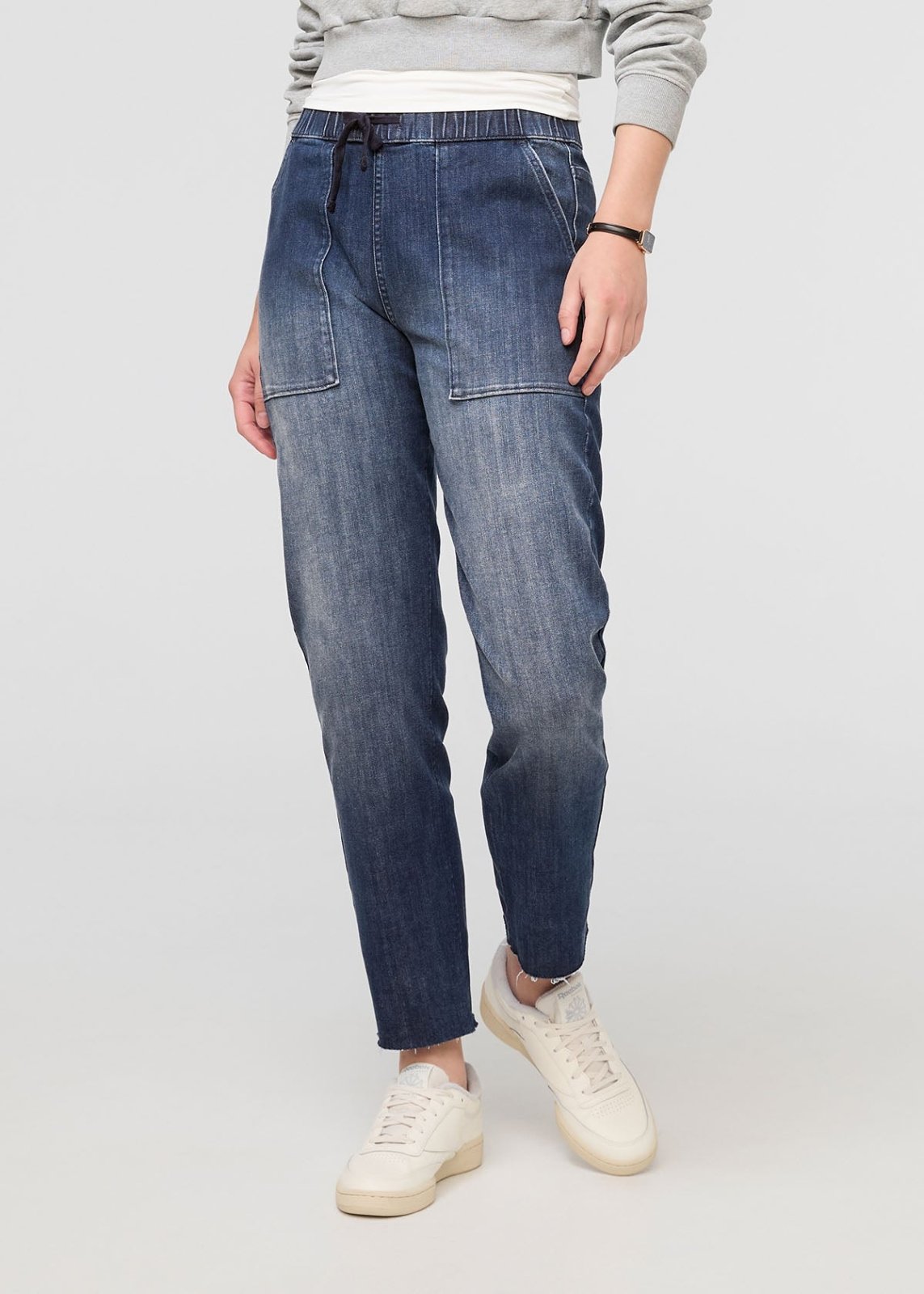 womens dark blue relaxed pull on denim pants front