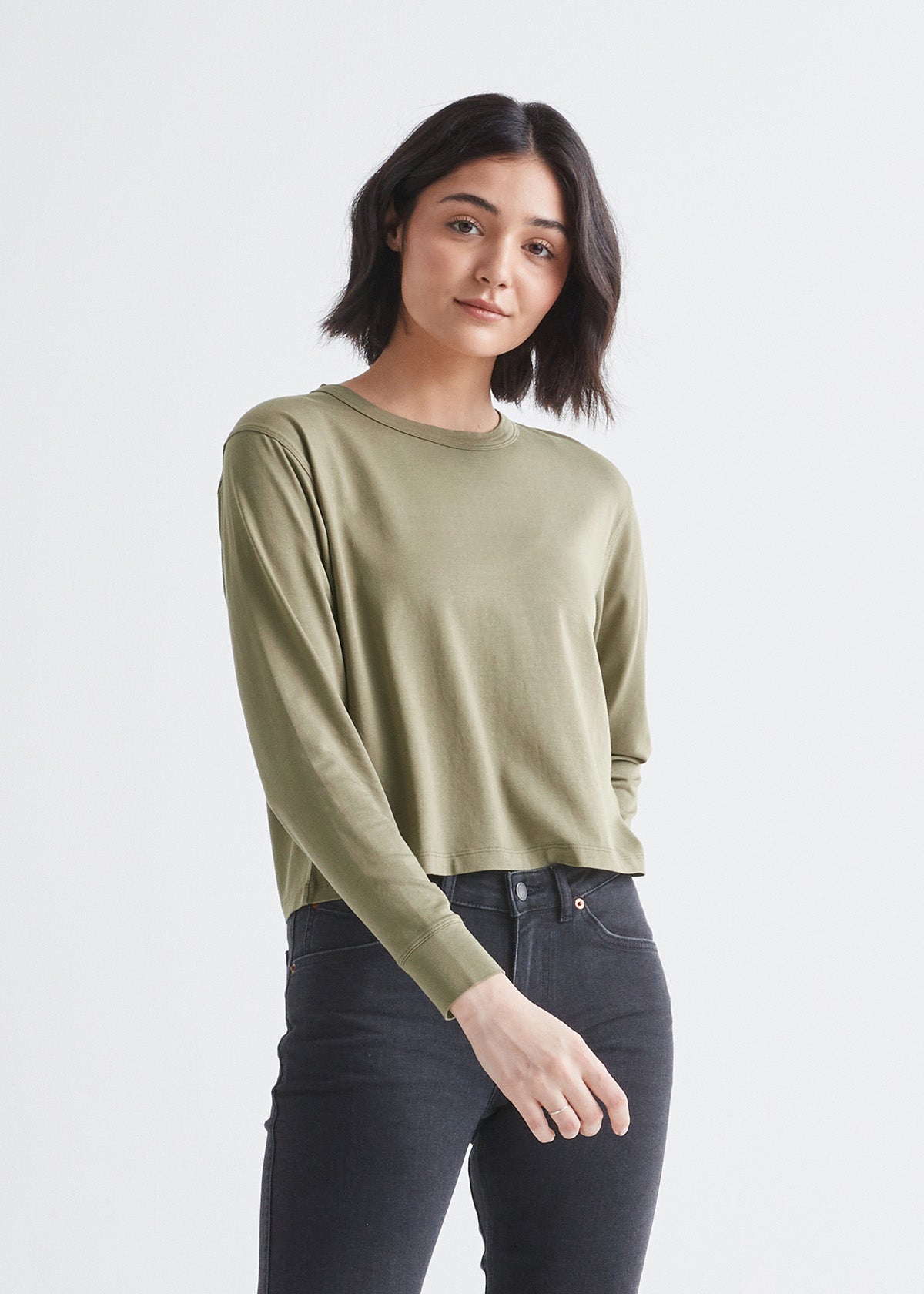 womens olive green midweight crop long sleeve tee front