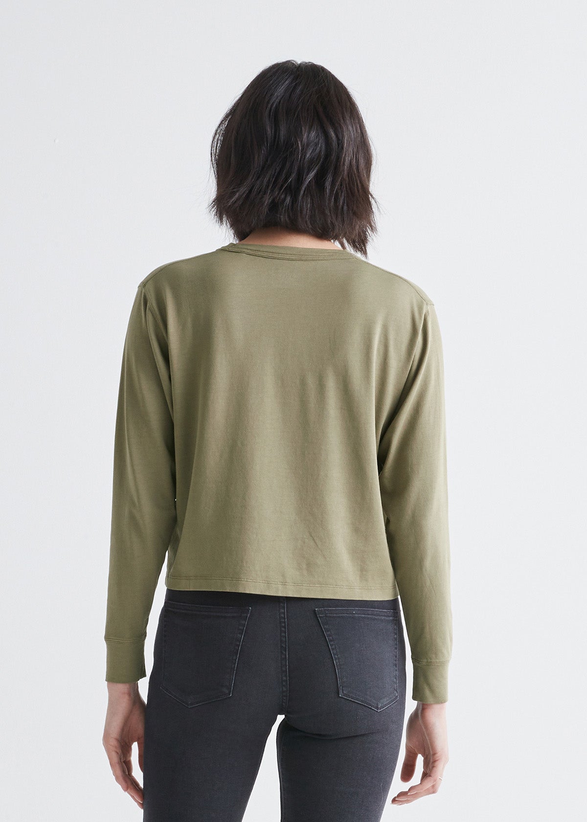 womens olive green midweight crop long sleeve tee back