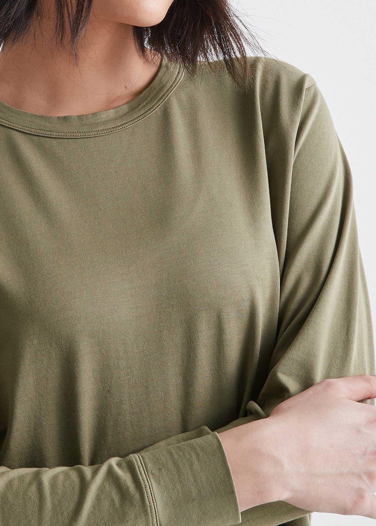womens olive green midweight crop long sleeve tee fabric detail