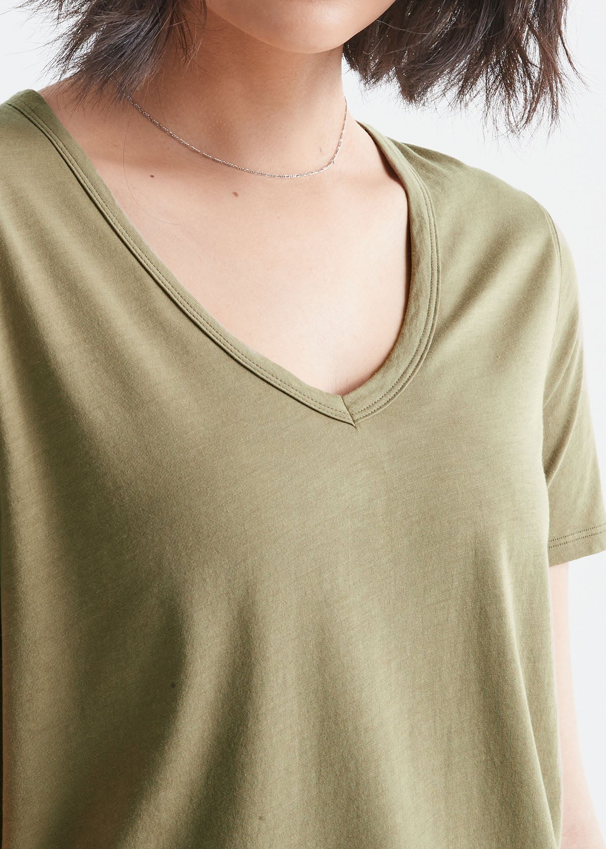 womens soft light-weight olive v-neck t-shirt neckline detail