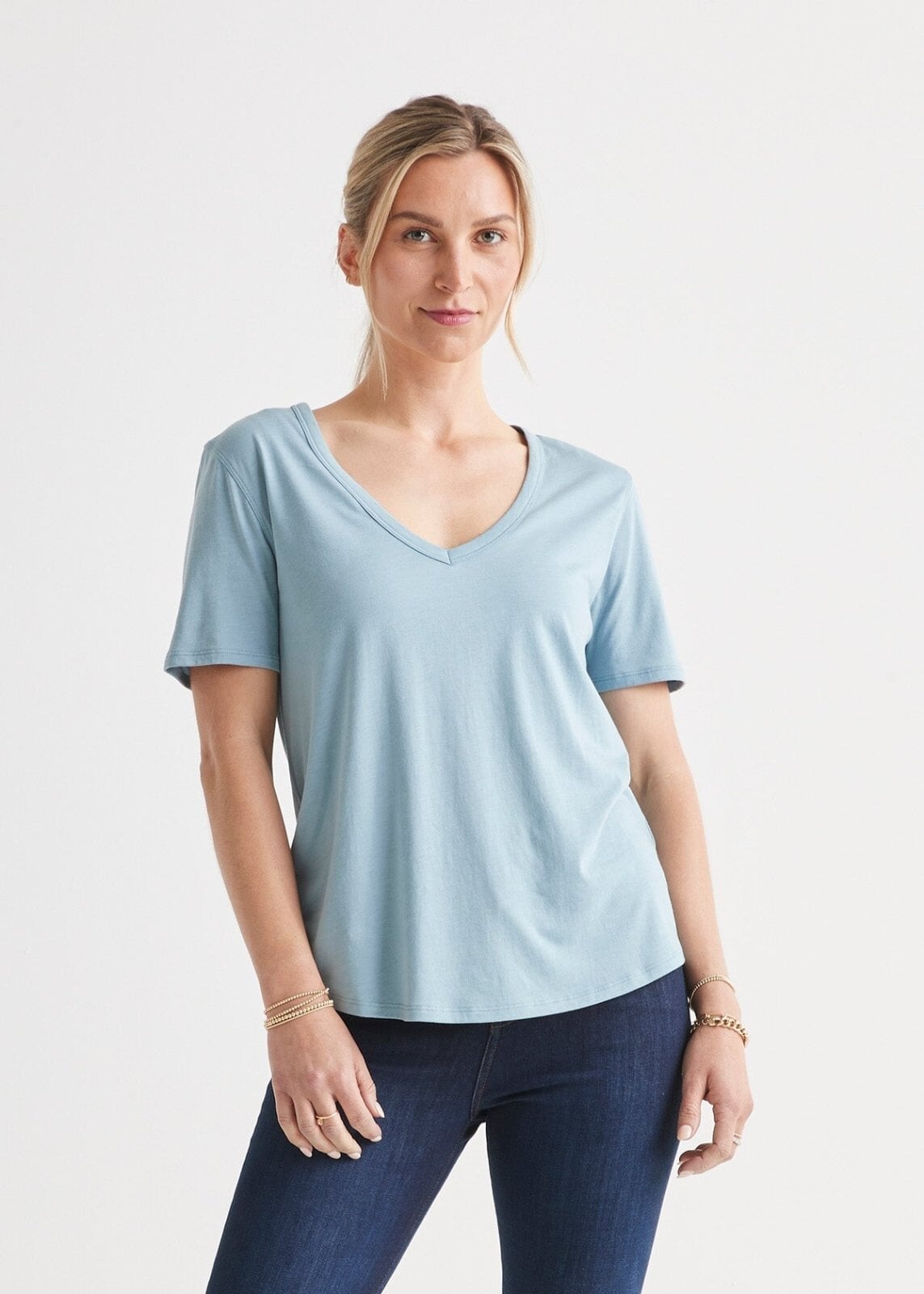 Women's Soft Lightweight Blue V-Neck T-Shirt Front