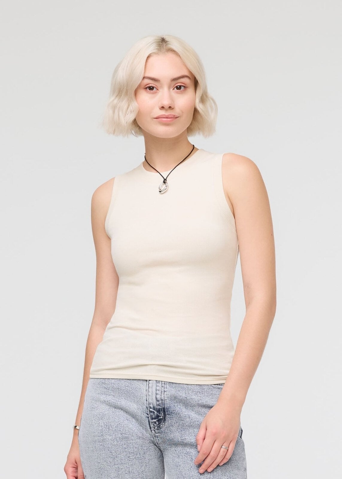 womens off-white ribbed pima cotton high neck tank front