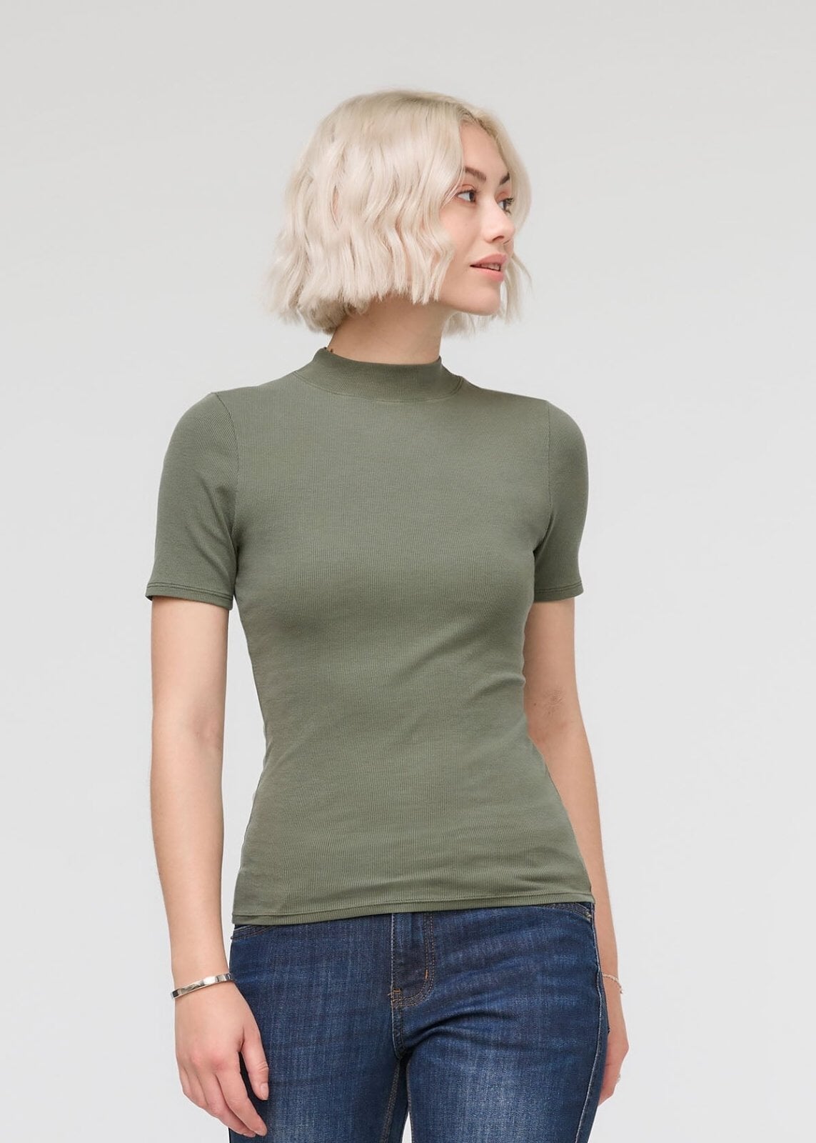 womens green pima cotton mock neck t-shirt front