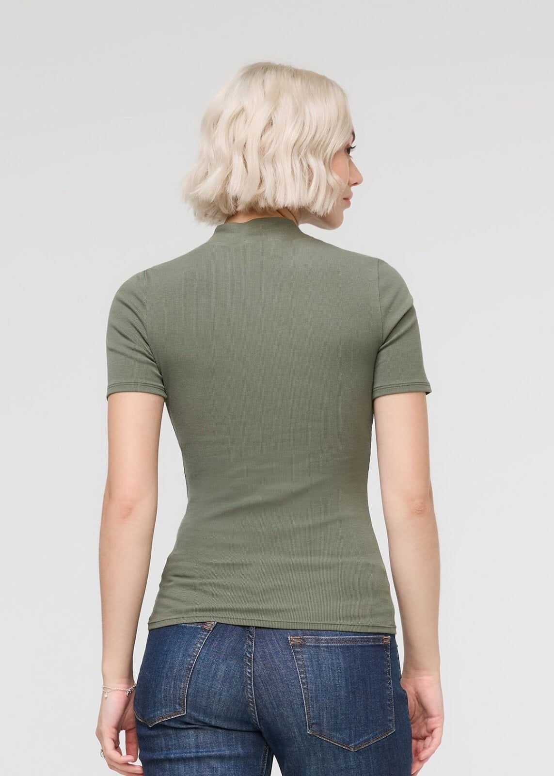 womens green pima cotton mock neck t-shirt back