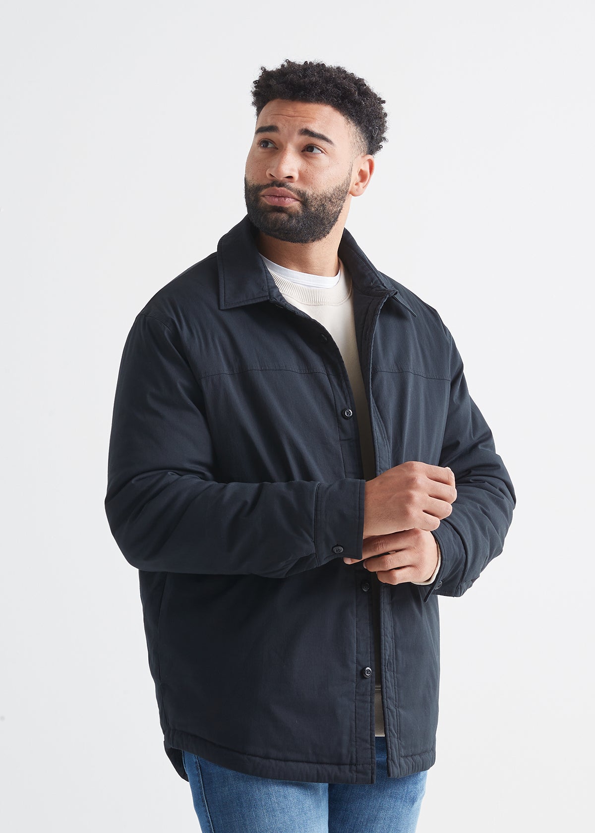 mens lightweight insulated black shirt jacket front