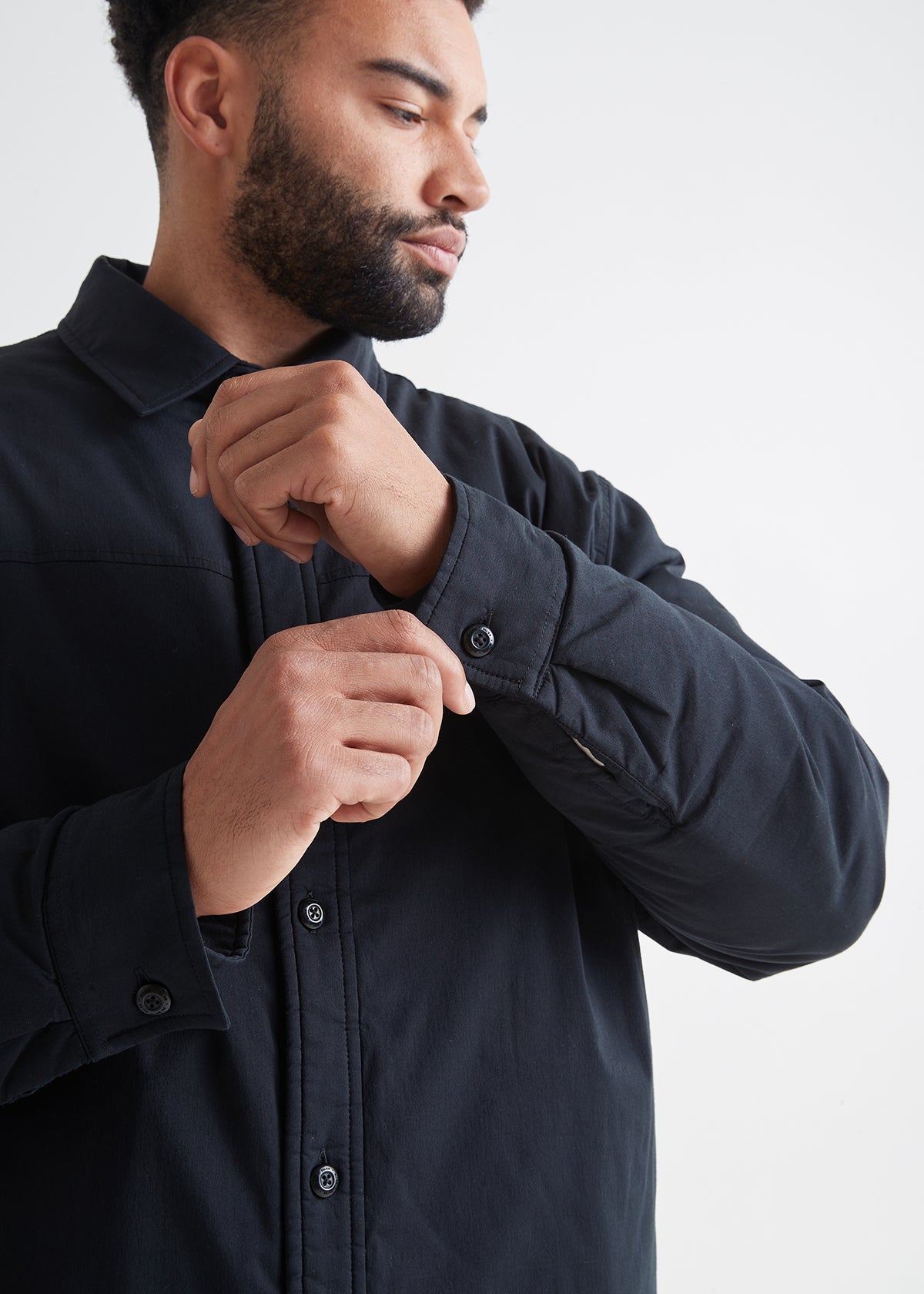 mens lightweight insulated black shirt jacket cuff buttons