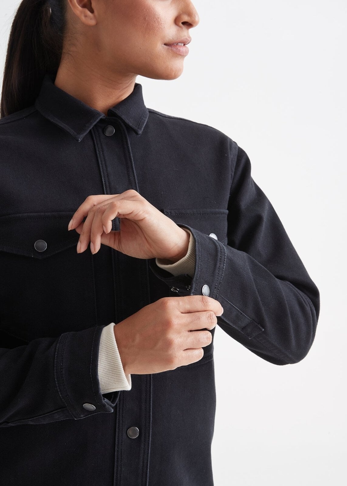 womens black water resistant denim shirt jacket sleeve cuff detail