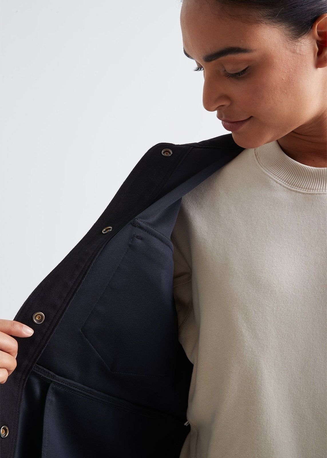 womens black water resistant denim shirt jacket membrane detail