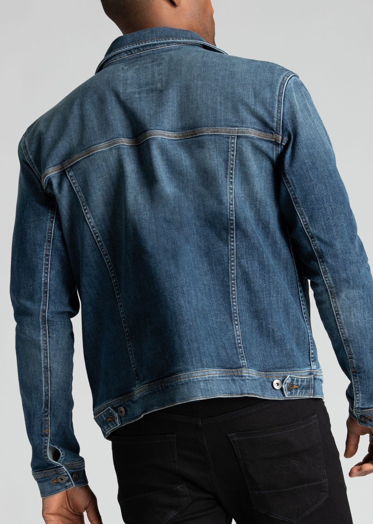 mens blue water resistant stretch denim jacket back